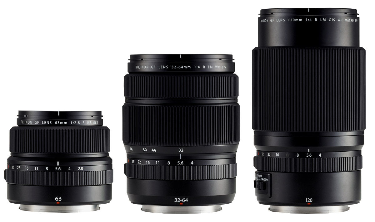 objektiv Fujifilm GFX Fujinon GF 63mm f/2.8 R WR, Fujinon GF 32-64mm f/4R LM WR och Fujinon GF 120mm f/4 Macro