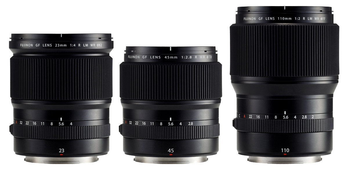 mellanformatsobjektiv Fujinon GF 23 mm f/4 R LM WR, Fujinon GF 45mm f/2.8 R WR och Fujinon GF 110 mm f/2