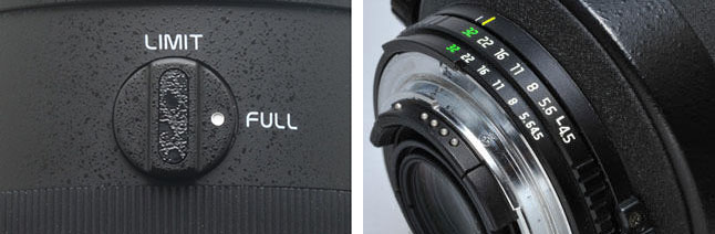 Tokina ATX-i 100mm f/2.8 FF Macro makroobjektiv Nikon F fattning fokusbegränsning och manuell bländarring